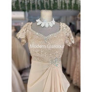 （Hot）ELEGANT MOCHA BEIGE SIDE SWAG BROOCH DESIGN FORMAL DRESS FOR WEDDING, NINANG GOWN, MOTHER OF TH