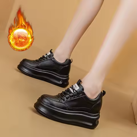 8CM Fashion Women Thick Sole Casual Shoes White Four Seasons Real Cowhide Lace-Up Platform Height In