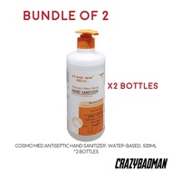 Cosmo Med Antiseptic Hand Sanitizer, Water-based, 500ml [Single Bottle / Bundle of 2]