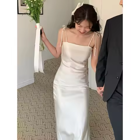 Ele Summer Silk Satin Long Dr Slimming Waist Strapl Gown Women's Faion High Waist Pleated Zipper Clo