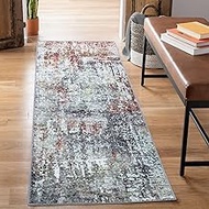 Bloom Rugs Washable Non-Slip 10 ft Runner - Gray/Red/Brown Modern Abstract Runner for Entryway, Hall