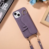 亞古奇 iPhone 14系列 馬鞍卡包手機皮套附美妝鏡及皮質背帶-絨紫