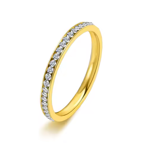 2mm Bling CZ Stones Ring for Women Gold Tone Stainless Steel Shinny Crystal Finger Band Elegant Jewe