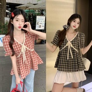 Chemsiegrace W632 Lotus Collar Shirt Plaid Pattern Doll Sleeve Style Very Cute V-Neck Tied With A Ro