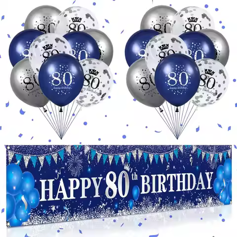 Blue 80th Birthday Decorations for Men and Women, Navy Blue Silver, Happy 80th Birthday, Yard Banner