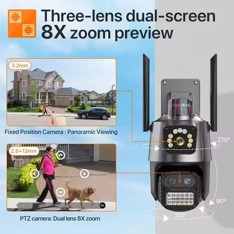 9MP Three Lens WIFI IP Camera Auto Tracking PTZ Security CCTV 4K HD Dual Screen P2P Video Surveillan