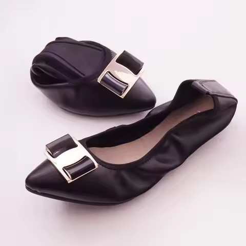 Spring Summer Women Foldable Ballet Flats Genuine Leather Metal Ballerina Dolly Shoes After Party Fl