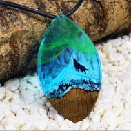 Northern Lights necklace with wolf, wood resin necklace mountain blue pendant