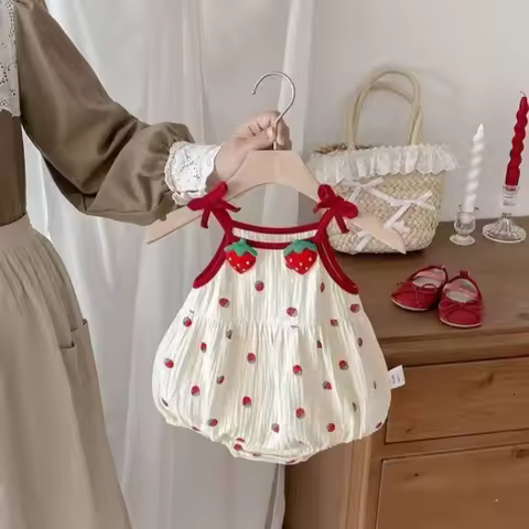 Cute Strawberry Printed Baby Sling Jumpsuit Sweet Bow Thin Baby Romper Baby Clothes Baby Girl