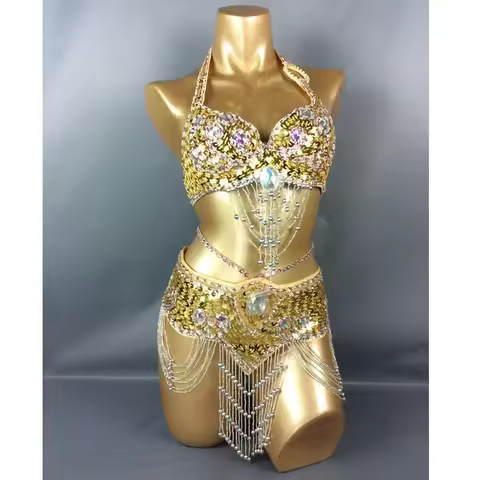 Hot Selling Women Beaded Sequins Belly Dancing Suite Belt+Bra Samba Costumes Club USA Bra Size 34B,3