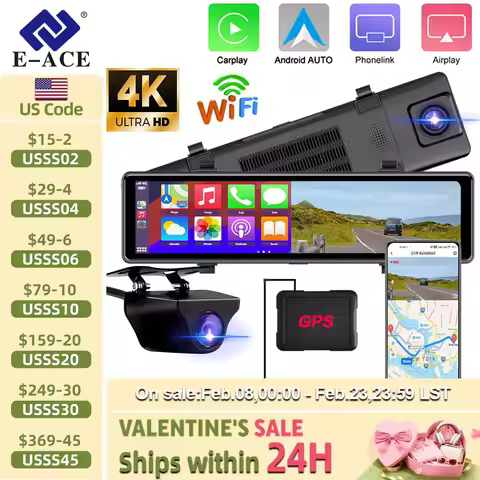 E-ACE 4K Dash Cam 12Inch Car Mirror Video Player Wireless Carplay Android Auto Support WIFI GPS Rear