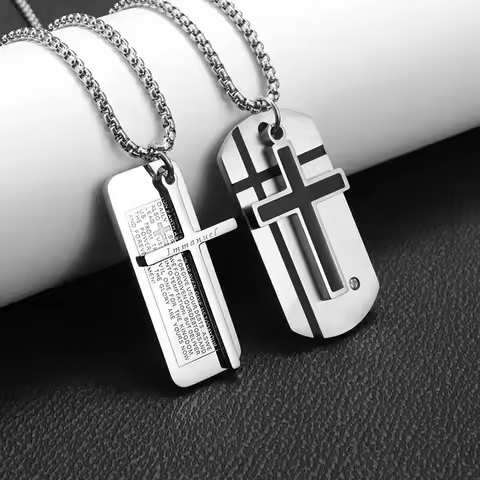 Men\'s Cross Necklace Stainless Steel Silver Color Faith Cross Bible Verse Dog Tag Pendant Necklace 