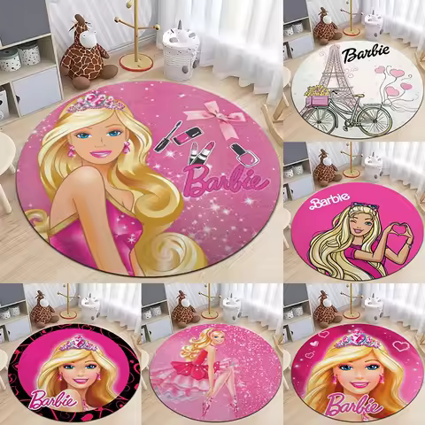 MINISO Barbie Printed Round Rugs Anti-slip Round Carpets for Living Room Bedroom Decor Popular Rug S