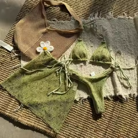 With Fishnet Sarong Skirt Halter Micro Bikini Women Swimwear Female Swimsuit Three-pieces Bikini Set