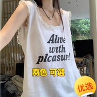 Korean Version All-Match Lace Stitching Top Letter Sleeveless Top T-Shirt Vest Large Size Women's Loose Slimmer Look Women