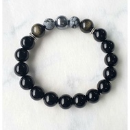 Black/Snowflake and Gold Sheen Obsidian with Terahertz Paramita Heart Sutra Crystal Bracelet