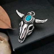 Stainless Steel Bull Head Inlay Turquoise Stone Pendant.