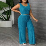 Plus Size Fitted Solid White Long Casual Vest And Wide Leg Pants 2 Pieces Set, Spring/Summer, Summer