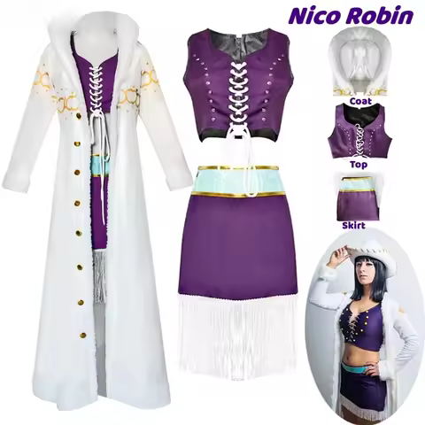 Nico Robin Cosplay Costume Anime One Piece Purple Dress Uniform Long Fur Collar White Cloak Punk Out