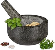 Relaxdays Granite Mortar with Pestle, Robust &amp; Durable, Spices, Herbs, Polished Stone Mortar, Diameter 16 cm, 400 ml, Grey, 8 x 16 x 16 cm