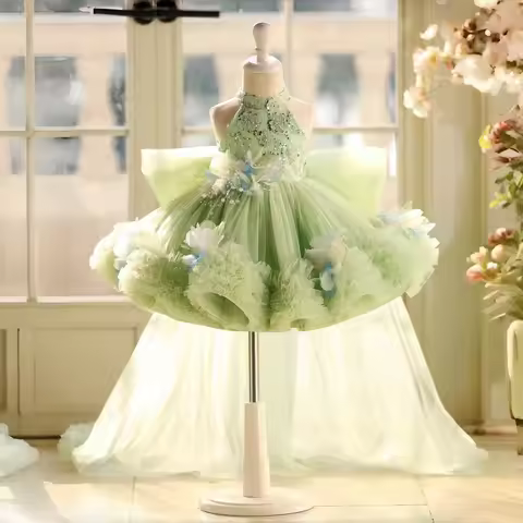 Jill Wish J873B Elegant Sage Green 3D Beaded Flowers Princess Dress for Girls with Train Bows Weddin