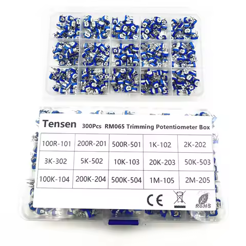 300Pcs/Box RM065 Carbon Film Horizontal Trimpot Potentiometer Assortment Kit 10 Values Variable Resi