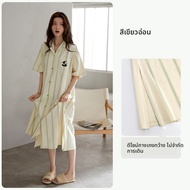 yuenei | ชุดนอนผู้หญิง Pure Cotton Summer Loose Fashion Striped Panda Trendy Short Sleeve Long Dress