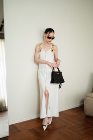 พร้อมส่ง Maxi เดรสแขนกุดแต่งห่วงเหล็กซิปหน้า งานป้าย Vshopbrand