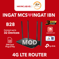 Mercusys🔥UNLIMITED🔥B28 Mod Modem MB115-4G 4G LTE Router 300Mbps SIM Plug & Play | 4 Antennas (Powere