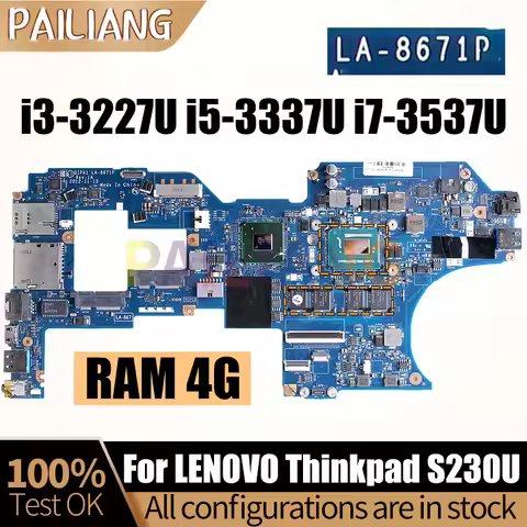 For LENOVO Thinkpad S230U Laptop Mainboard LA-8671P i3-3227U i5-3337U i7-3537U 4G 04X0724 00HW242 No