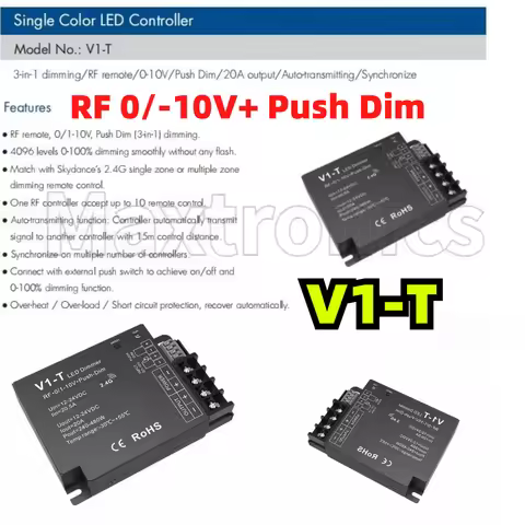 DC12-24V 0-10V V1-T Single Color LED Controller 3-in-1 Dimming Push Dim 20A Dimmer Auto-transmitting