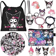 Kuromi and My Melody Gift Set, Cartoon Merch Including 1 Drawstring Bag 1 Keychain 2 Bracelets 2 Nec