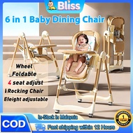 6 in 1 Foldable Baby Dining Chair Cradle Height Adjustable Baby Chair Feeding With Wheels Safety Bel