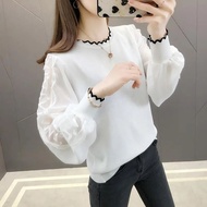 Spring Autumn 2024 New Style Long-Sleeved T-Shirt Knitted Women's Top Bottoming Shirt Chiffon Lace All-Match Korean Version Lantern Sleeve Trendy (24046)