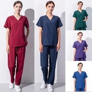 NiaaHinn Fashion Elastic Wrinkle Resistant Breathable Baju Scrub Suit Medical for Woman Men plus size Doctor Nurse Uniform【Short Sleeves V-neck Top+ Straight Cut Pants】