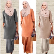 2 Pcs [ Tops + Pants ] Casual Cotton Linen Long Sleeve Women Muslimah Set Warda Button Suit Blouse Dan Seluar Palazo Korean Fashion Loose Wide Leg Pants Labuh Baju + Seluar Slack Palazzo Nursing Friendly Baju Wear