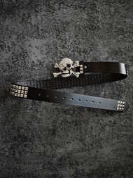BIZZCUT Emo Skull Belt Bright Rhinestone Rivet Punk Subculture Youth Fashion PU Leather Belt for Men