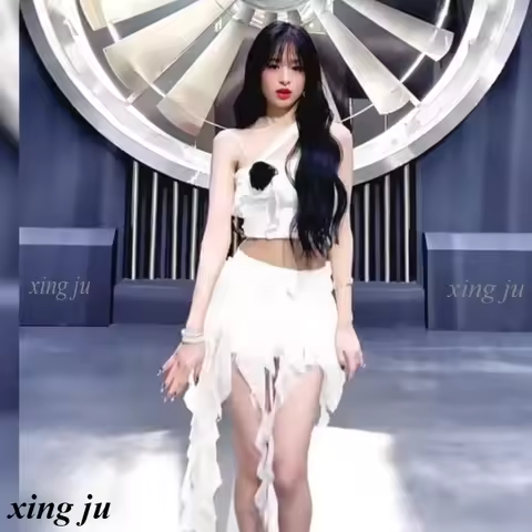 Kpop Korean Singer White Halter Crop Tops Irregular Ruffles Skirt Women Party Jazz Dance Costume Kpo