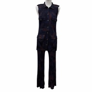 成色極佳☆ 三宅一生 (Issey Miyake) PLEATS PLEASE PP94-JE592 PP94-JF594 四口袋紮染無袖襯衫/喇叭褲套裝，帶品牌標誌紐帶。海軍藍。襯衫：3件，褲子：1