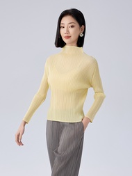 7592 One Size (45-75kg) Pleated Spring Half-High Collar Long Sleeves Top WomenS Simple Classic Pleat