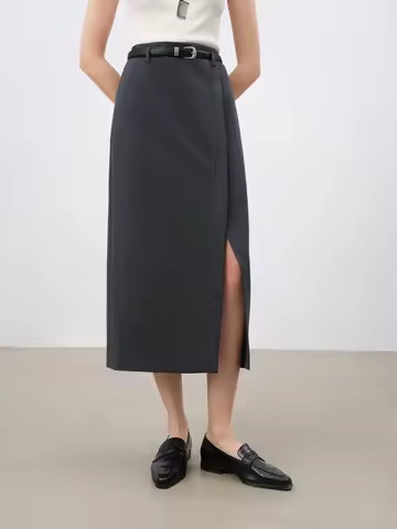 ZIQIAO Petite Size Slanted Collar Slit Gray Skirt For Women 2025 New Spring Berkeley Style A-line Mi