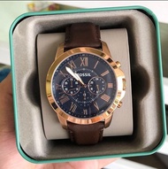 Fossil FS5068 Grant Chronograph Watch with Blue Dial and Rose Gold Stainless Steel Case in Brown Lea