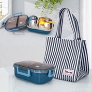 Whael ชุดกระเป๋าและกล่องใส่อาหารพร้อมฝาปิด ดีไซน์ลายทาง "ชุดกล่องข้าวสแตนเลส 2 ช่อง พร้อมช้อน ทนทานป