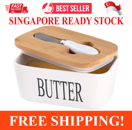 LARE AIRTIGHT BUTTER DISH WITH KNIFE HOLDS UP TO 2 BUTTER STICKS CERAMICS BUTTER KEEPER CONTAINER WITH BAMBOO LID AND STAINLESS STAIN KNIFE