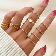 9pcs Fashionable Elegant Geometric Circle, Heart & Rhinestone Braided Ring Set