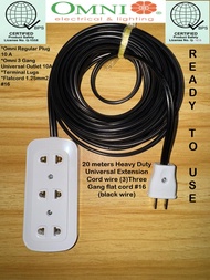 20 meters Heavy Duty Extension Cord wire (3)Three Gang flat cord #16 (black wire)