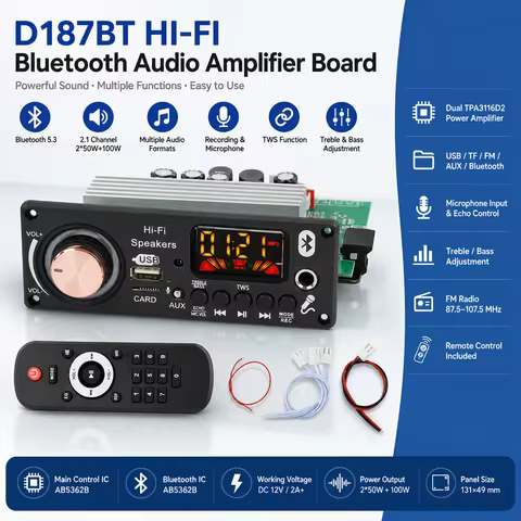 D187BT TPA3116D2 2.1 Channel Amplifier Board 2x50W+100W Bluetooth 5.3 MP3/WAV/FLAC/APE FM Radio USB 