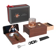 Cigar Humidor Box Set with Wooden Drawer, Hygrometer, Cigar Slot, Whiskey Glass Tray, Ashtray Tray, 