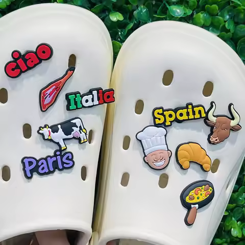 1-10PCS Cartoon Paris Spain Italia Ciao Beef Ham PVC Shoe Charms Buckle Clog Fit Wristbands Sandals 