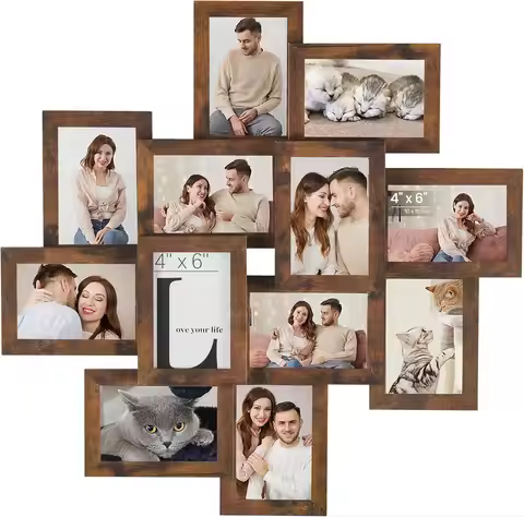 12-Pack 4x6 Photo Frames Collage Wall Decor, Multi Picture Frame Set with Glass Front, Rustic Brown